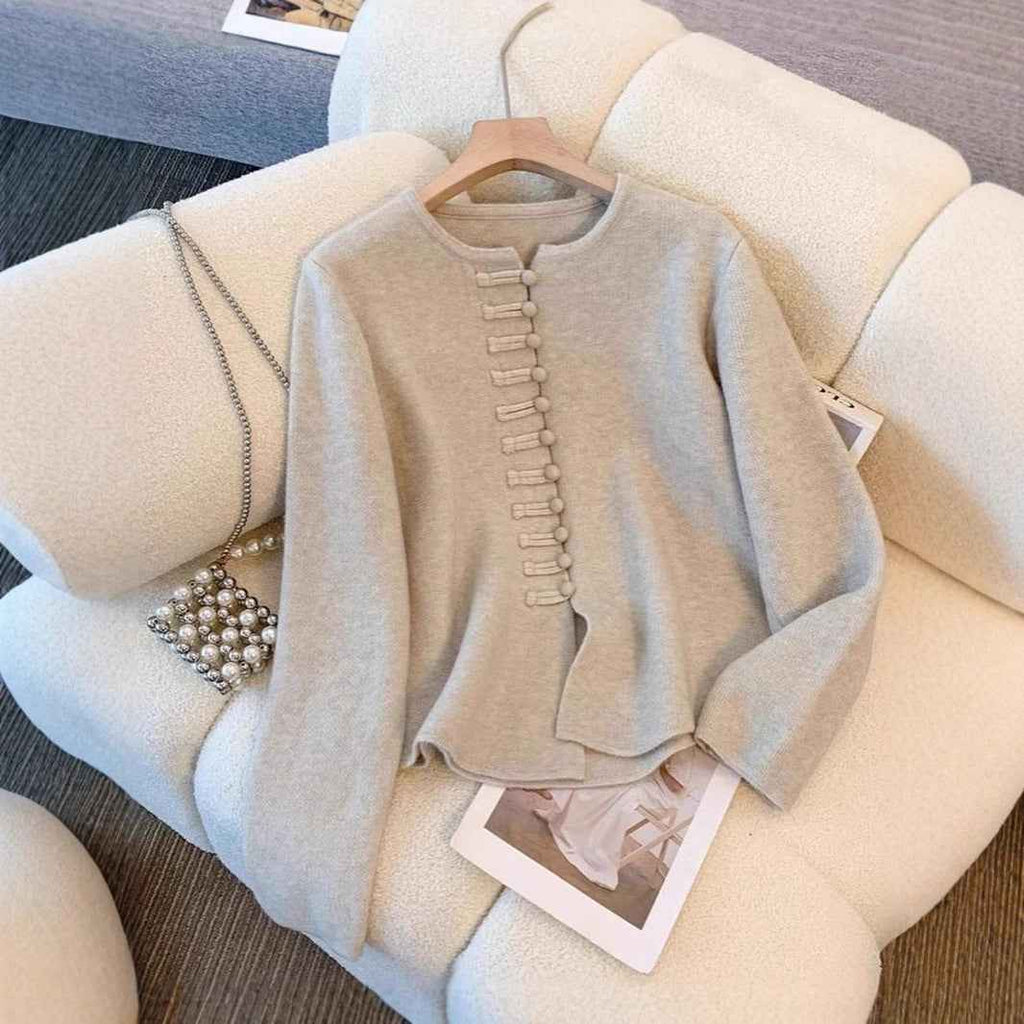 Damenmode Chinesischer Stil Kleid Set aus solidem Farbigen Material – Midikleid mit Sweater-Set