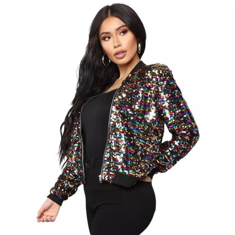 Women's Sequins Zipper Clothes Long Sleeve Cardigan Jacket
