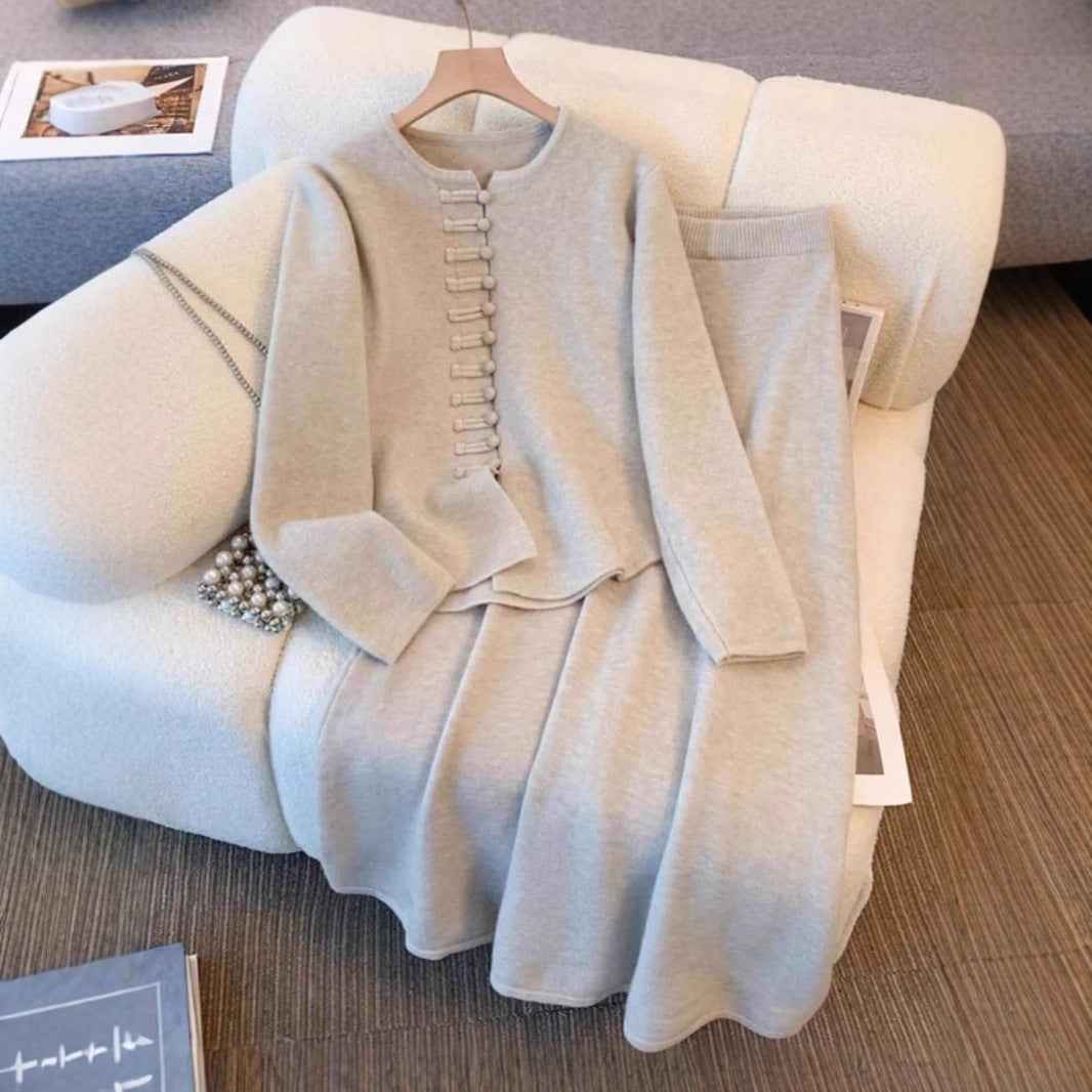 Damenmode Chinesischer Stil Kleid Set aus solidem Farbigen Material – Midikleid mit Sweater-Set