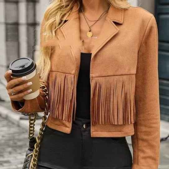 Long Sleeve Locomotive Style Suede Short Tassel Coat