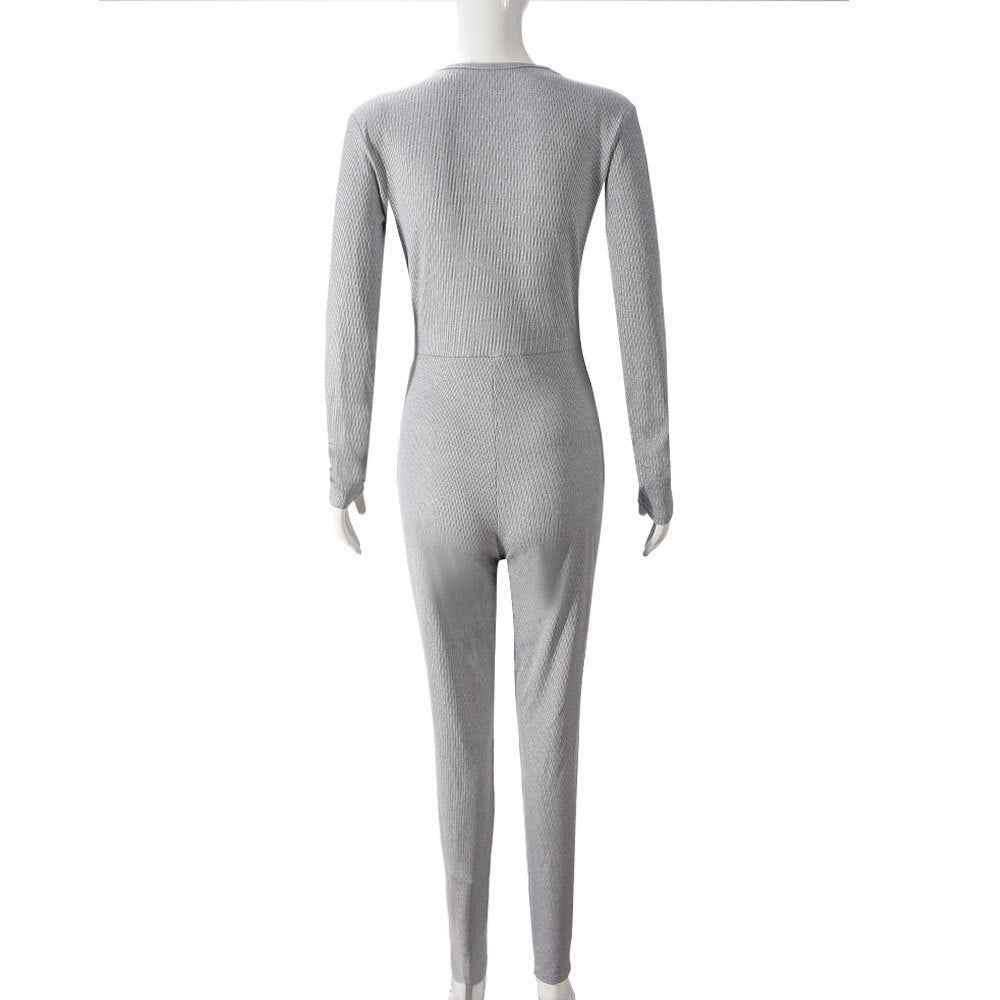 V-neck Hollow-out Long-sleeved Sexy High-elastic Jumpsuit