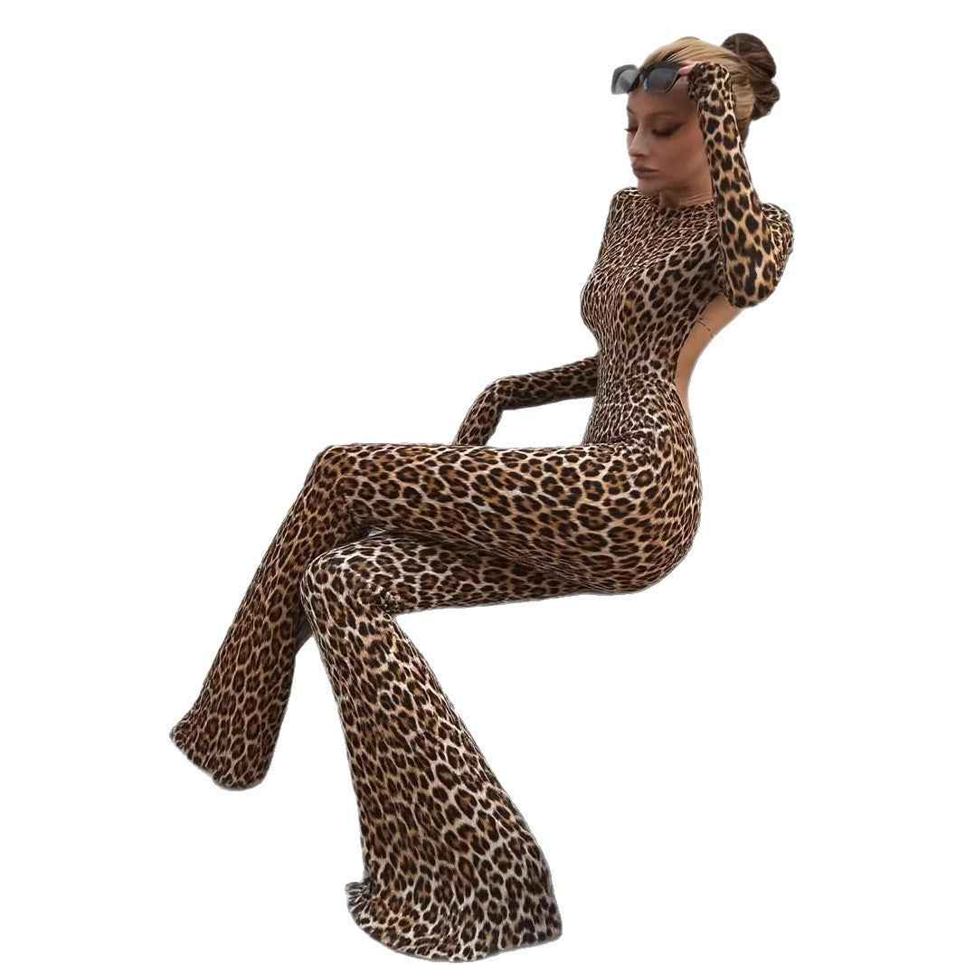 Sexy Waist Trimming Backless Print Leopard-print Slim-fit Jumpsuit