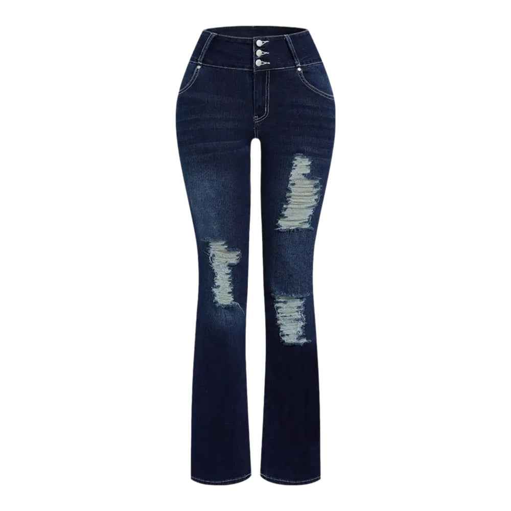 Women's Ripped Wide Leg Jeans, High Waisted Flare Fit With Distressed Details And Button Fly, Casual Stretch Denim Pants