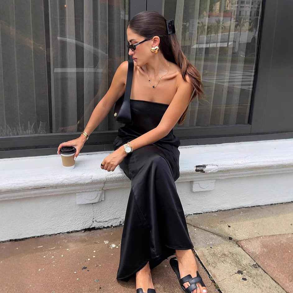 Fashionable Simple Satin Tube Top Dress For Women