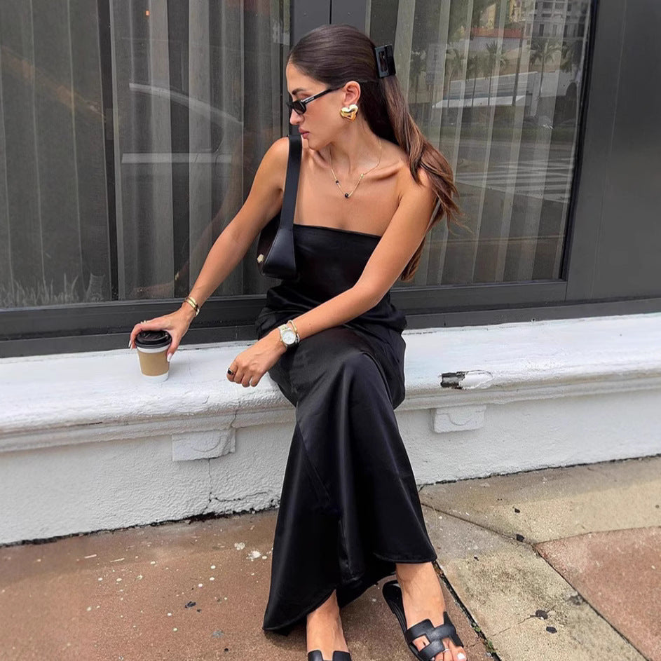 Fashionable Simple Satin Tube Top Dress For Women