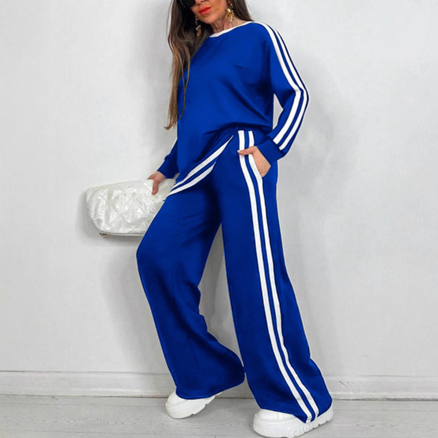 Casual Striped Trousers Long Sleeve Round Neck Suit