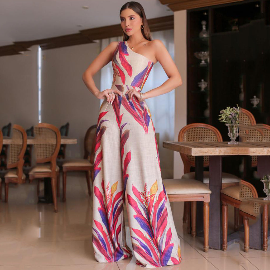 Women's Fashion One-shoulder Printed Sleeveless Dress Sexy Slim Fit