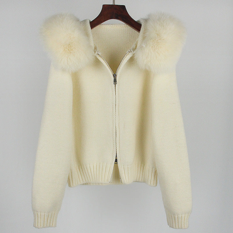 Spring Coat Women's Zipper Real Fox Fur Collar Hooded