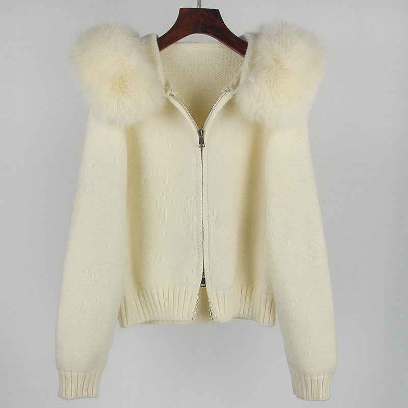 Spring Coat Women's Zipper Real Fox Fur Collar Hooded