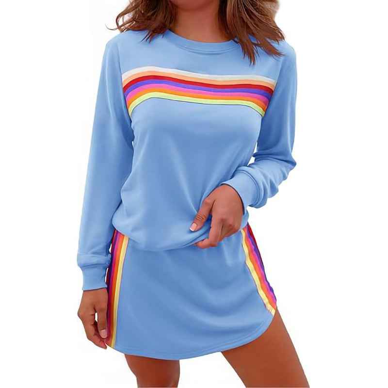 Simple Loose Rainbow Round Neck Sweater Trousers Two-piece Set