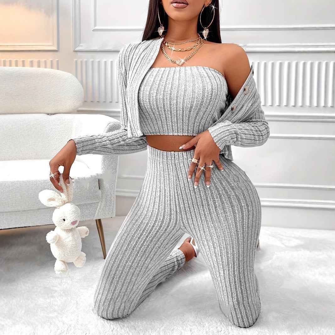Dreiteiliges Damenmode-Set mit Cardigan und Top für stilvolle Outfits