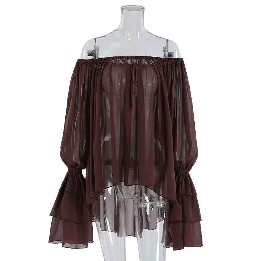 Sexy Dark Brown Off-shoulder Ruffle Top Women's Thin Long Sleeve Chiffon Shirt
