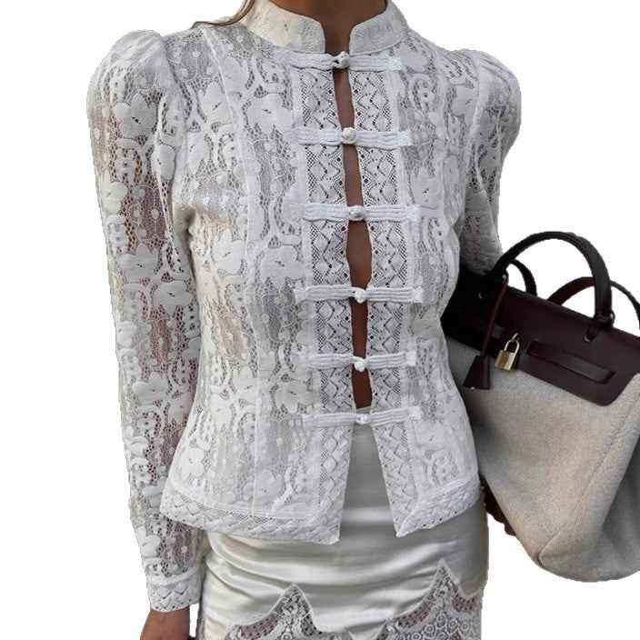 Niche Buckle Lace Jacquard Knitted Shirt For Women White Stand Collar Puff Sleeve Top