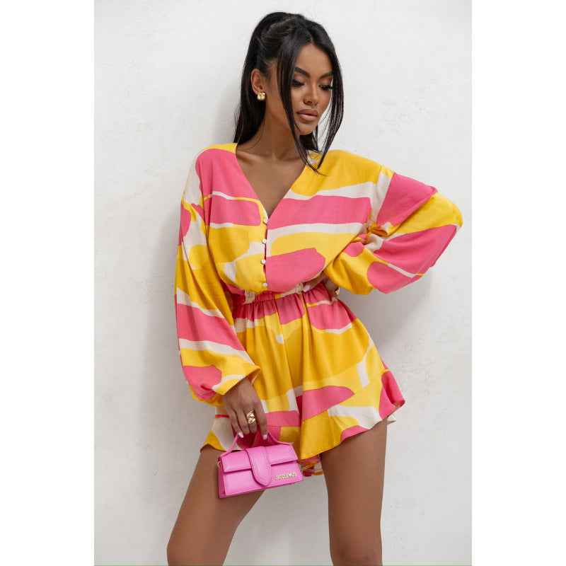 Printed V-neck Long Sleeve Jumpsuit