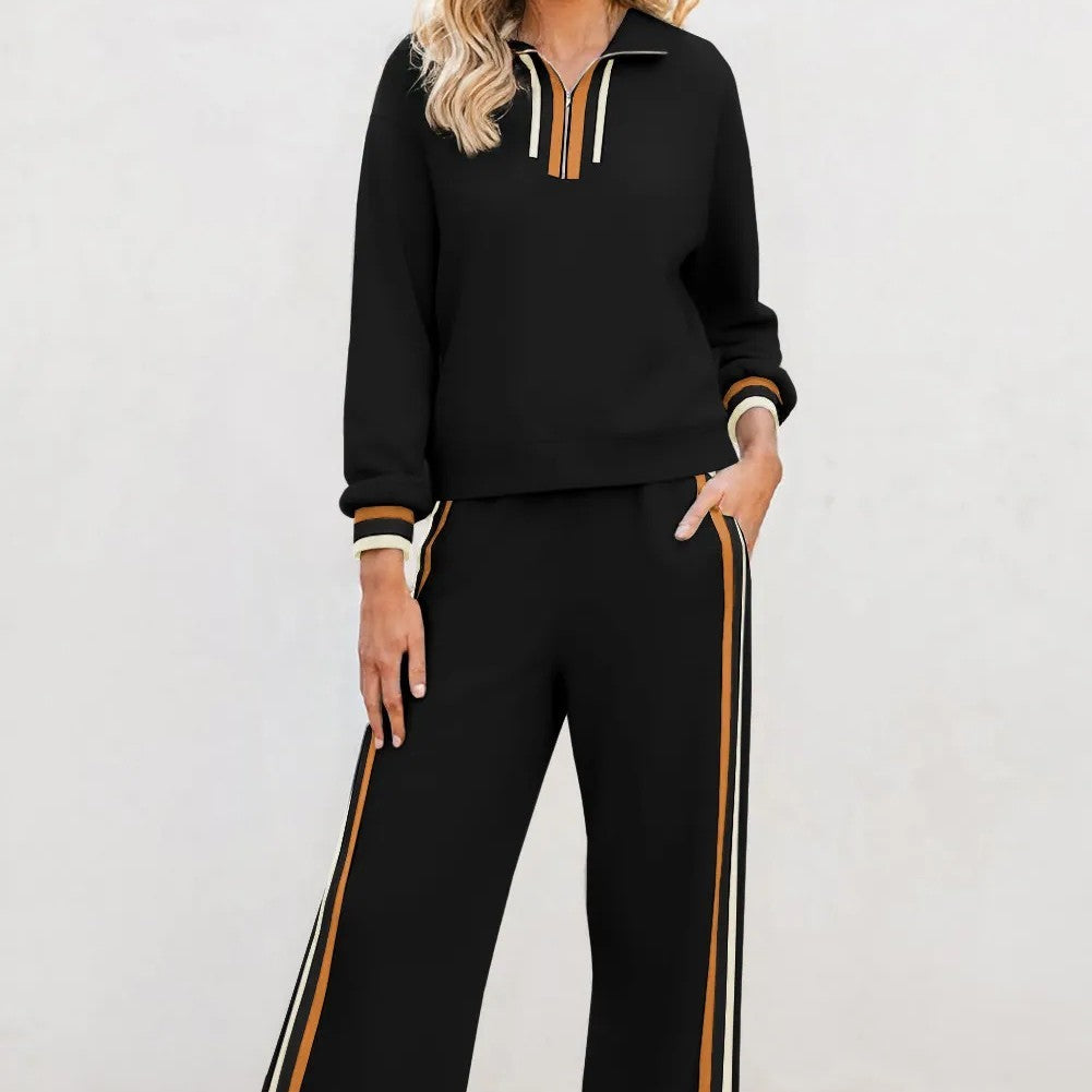 Black Striped Patchwork Quarter Zip Pullover Loose Pant Set