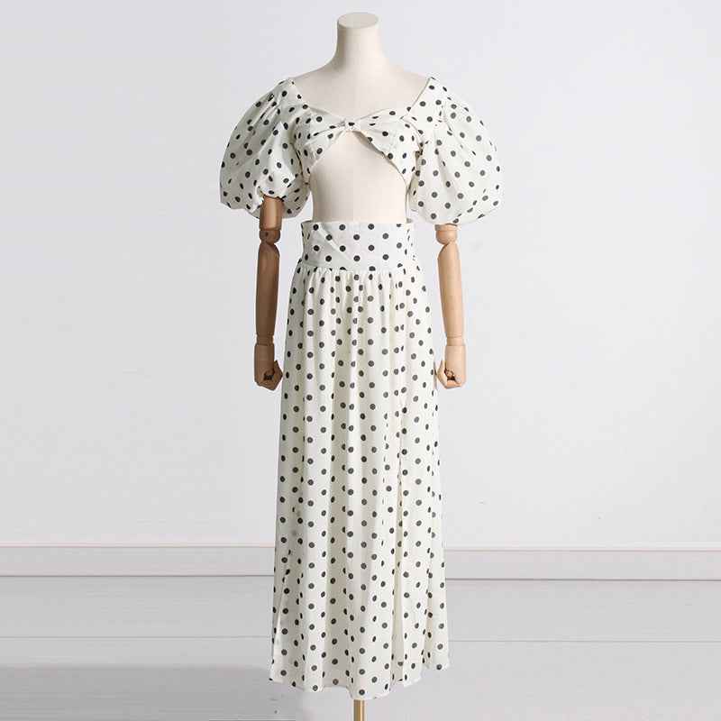 Woman Square-neck Puff Sleeve Top High Waist Slit Polka Dot Printed Dress Suit