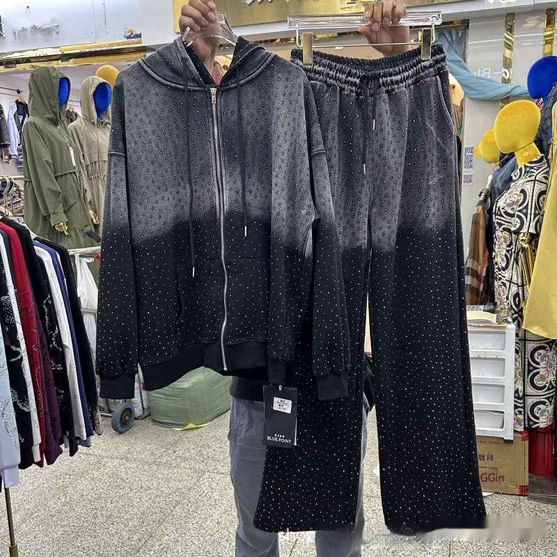 Hooded Loose Long Sleeves Zipper Jacket Elastic Waist Pants Suit