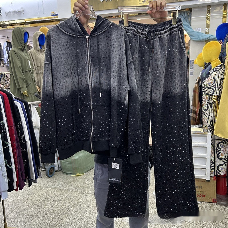 Hooded Loose Long Sleeves Zipper Jacket Elastic Waist Pants Suit