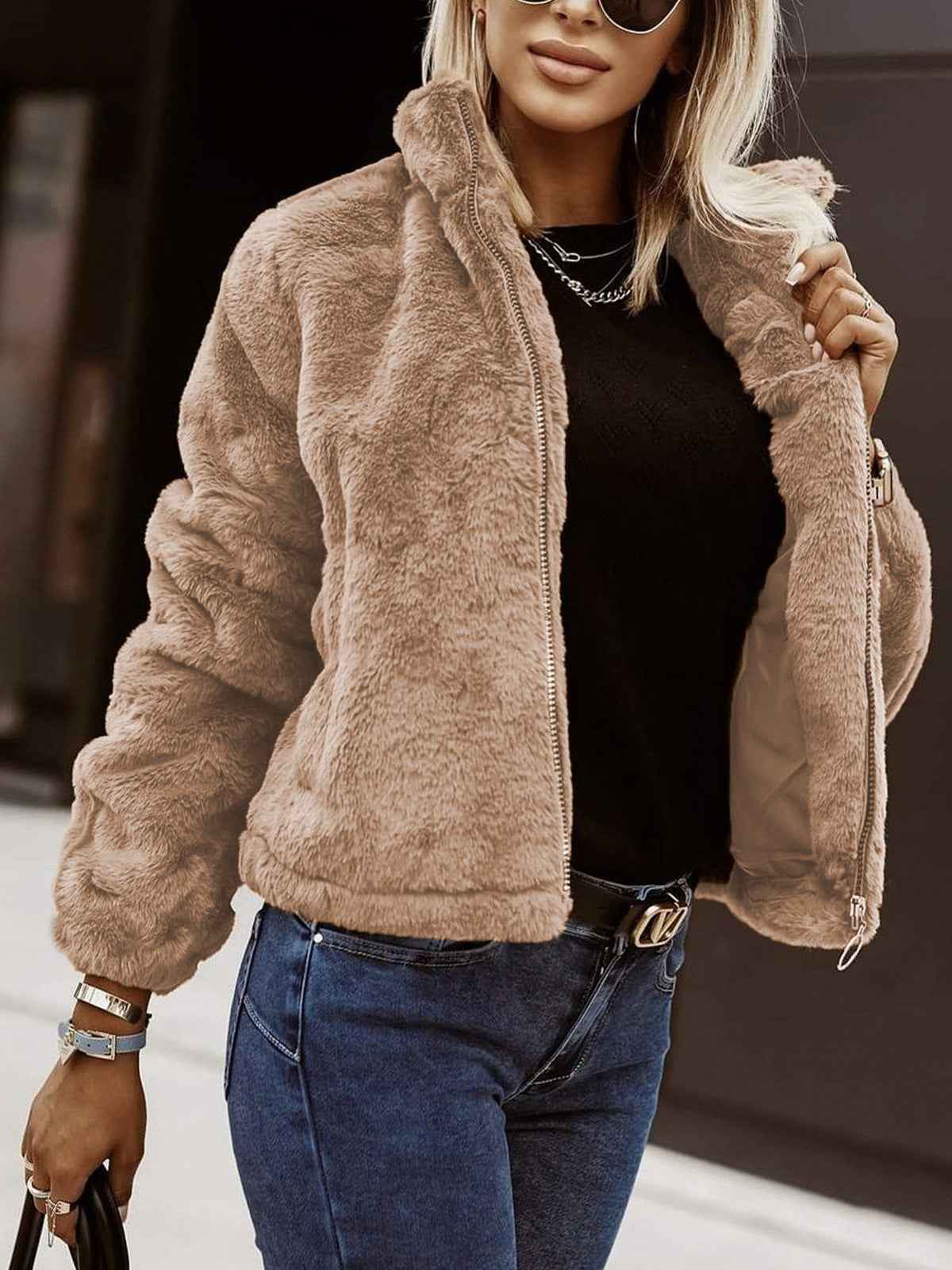 Summer Rabbit Fur Faux Leather Zipper Cardigan Plush Warm Coat