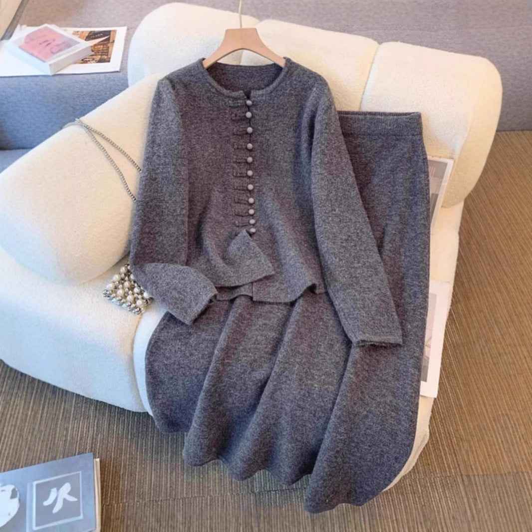 Damenmode Chinesischer Stil Kleid Set aus solidem Farbigen Material – Midikleid mit Sweater-Set