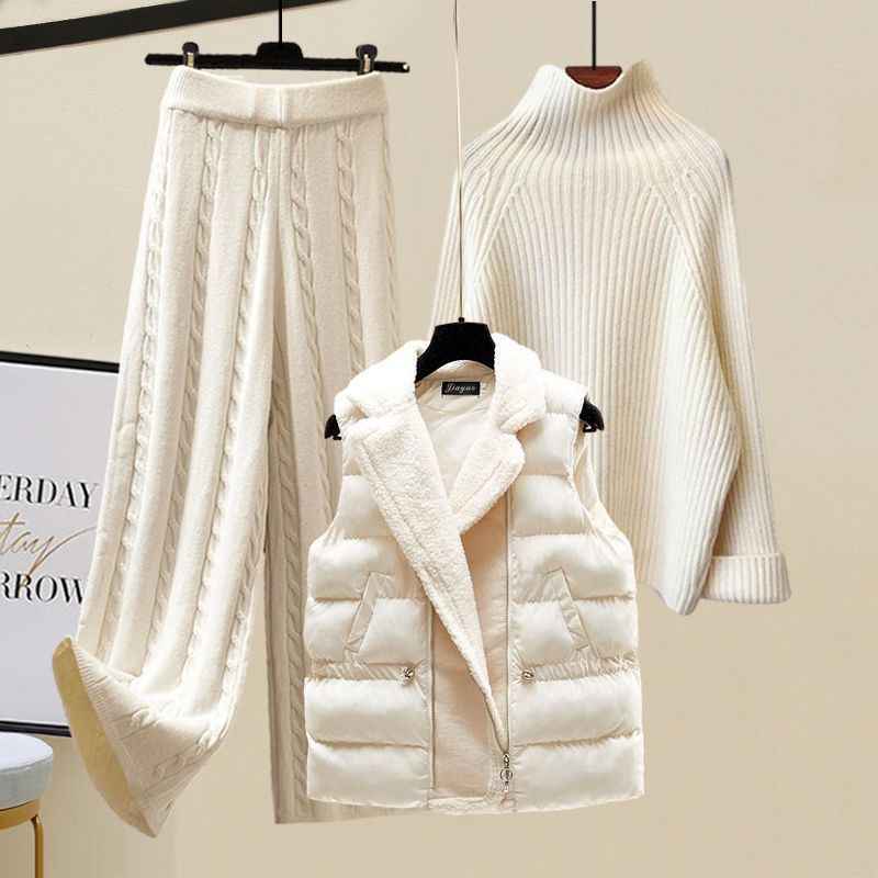 Cotton Vest Idle Style Knitted Sweater Wide Leg Pants Three-piece Set
