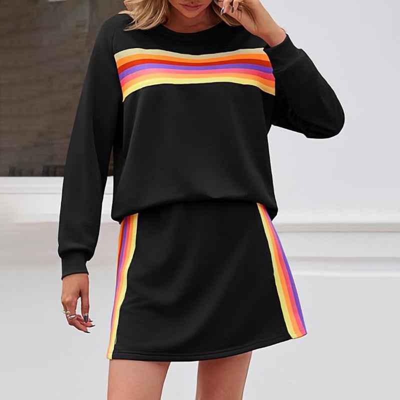 Simple Loose Rainbow Round Neck Sweater Trousers Two-piece Set
