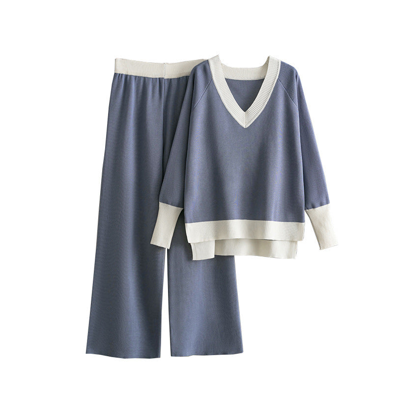 Women's V-collar Contrast Color Knitted Loose Wide-leg Pants Two-piece Set