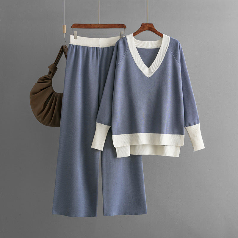 Women's V-collar Contrast Color Knitted Loose Wide-leg Pants Two-piece Set