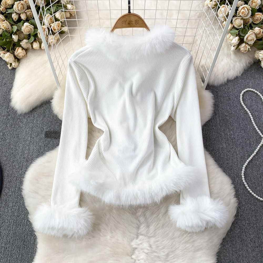 Pure Desire V-neck Stitching Bell Sleeve Slim Slimming And Simple Sweater