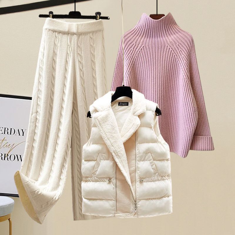 Cotton Vest Idle Style Knitted Sweater Wide Leg Pants Three-piece Set