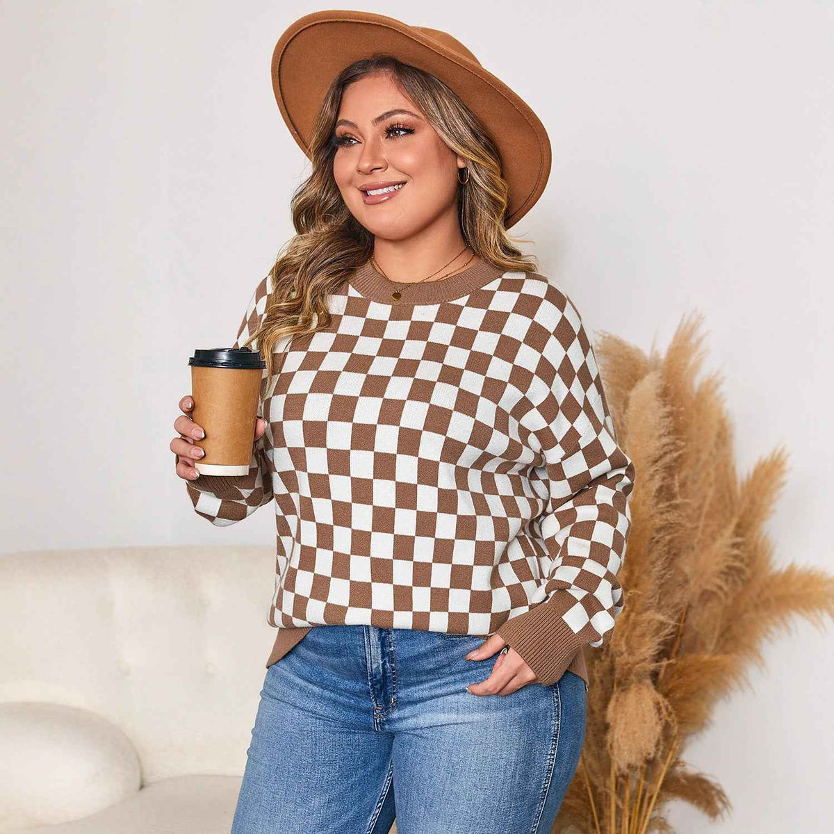 Women's Large Size Plaid Contrast Color Sweater
