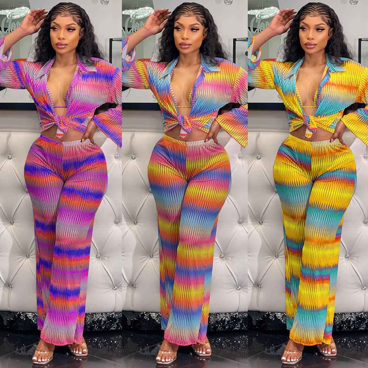 Women's Printed Pleated Stretch Shirt Trousers Suit