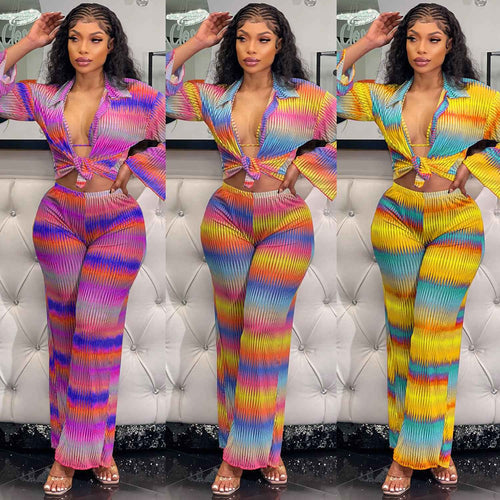 Women's Printed Pleated Stretch Shirt Trousers Suit