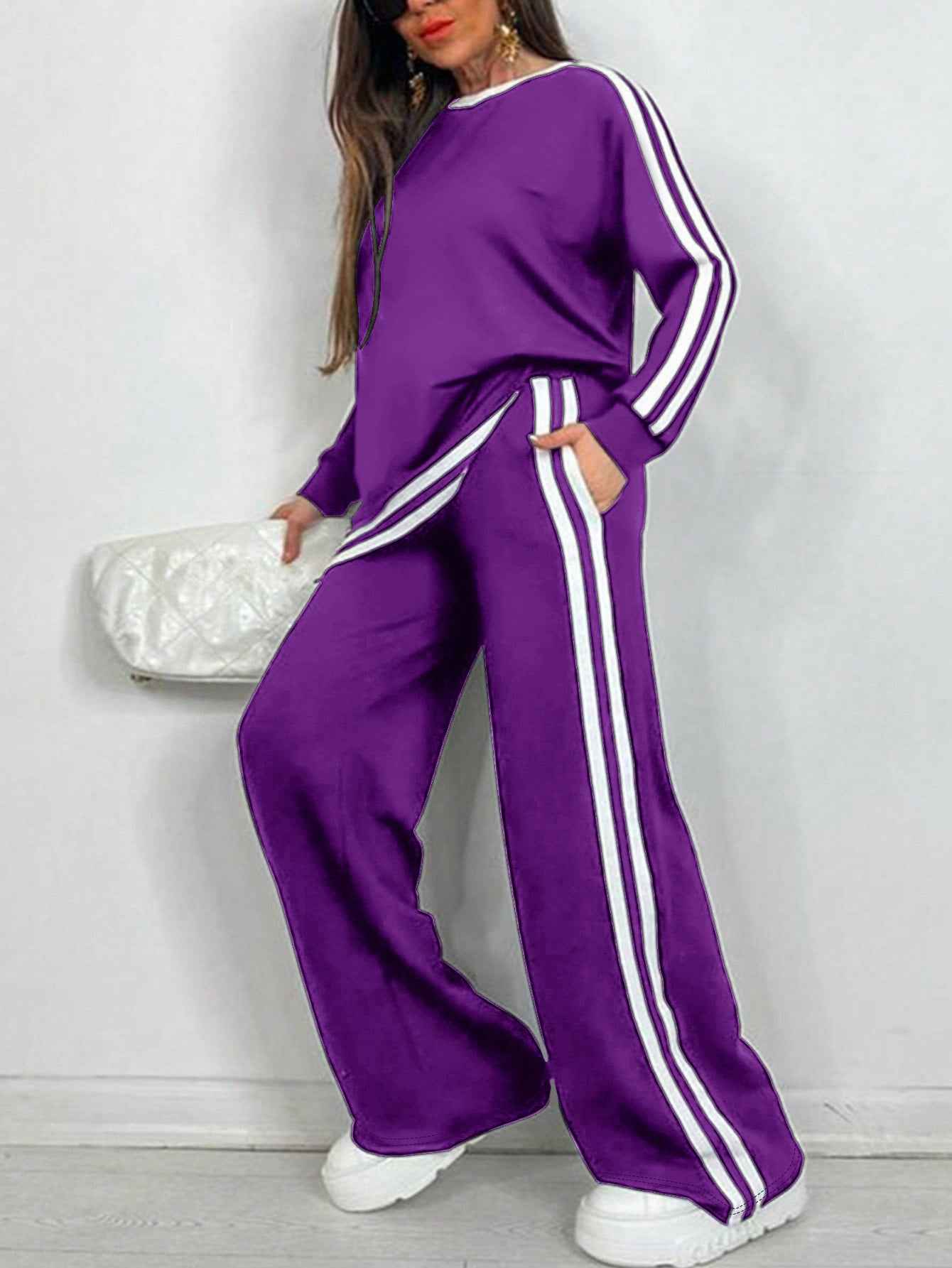 Casual Striped Trousers Long Sleeve Round Neck Suit