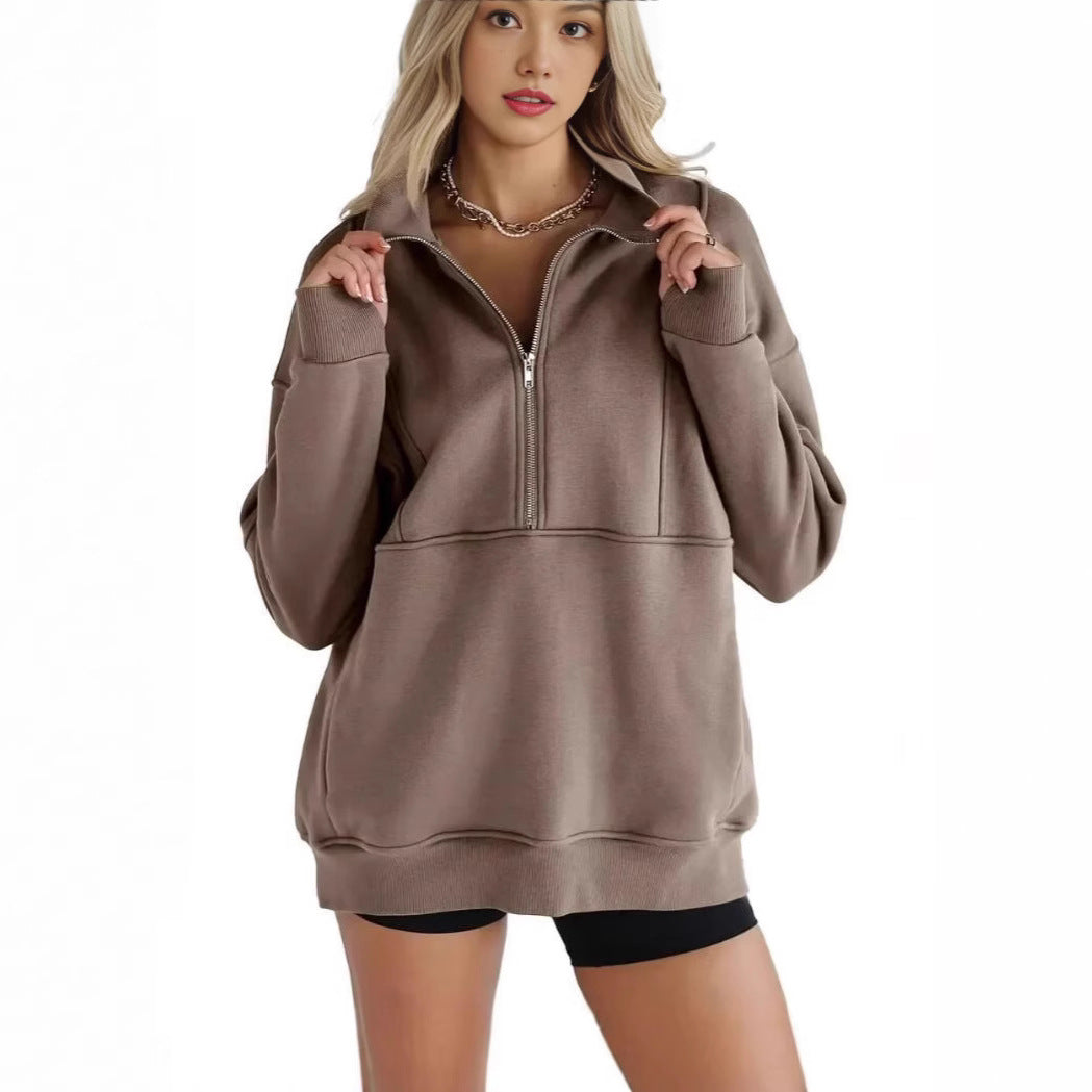 Zipper Patchwork Pocket Brushed Hoody Women's Loose