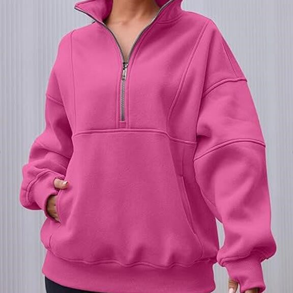 Zipper Patchwork Pocket Brushed Hoody Women's Loose