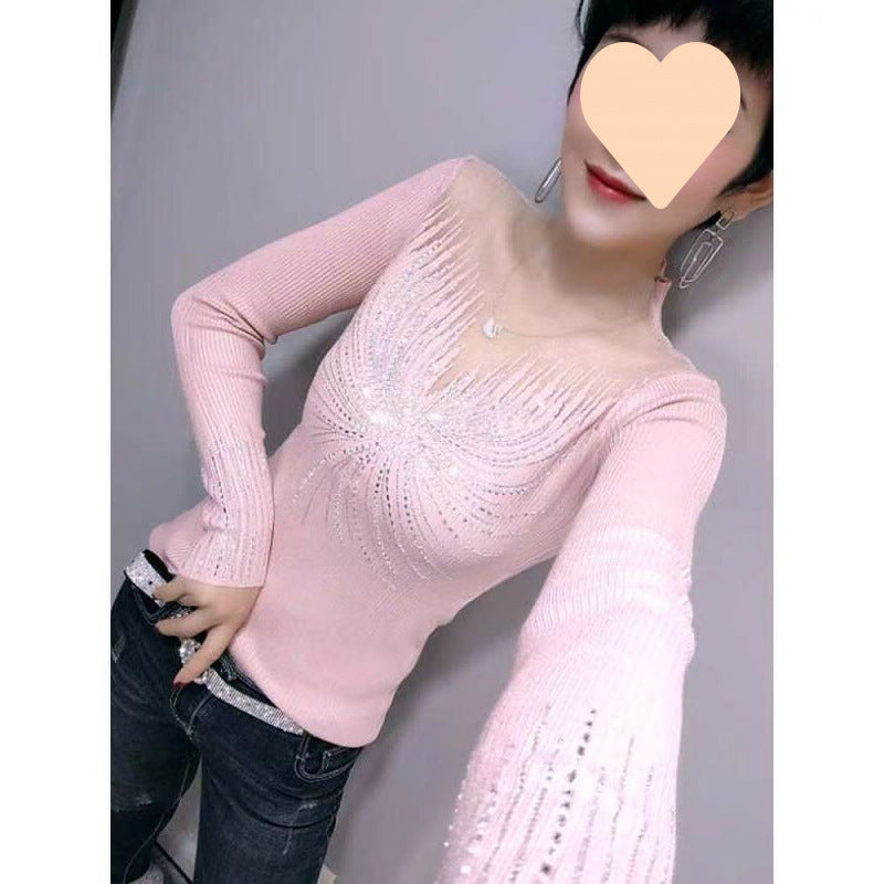 Women's Stitching Mesh Hollow Diamond All-matching Long Sleeve Top