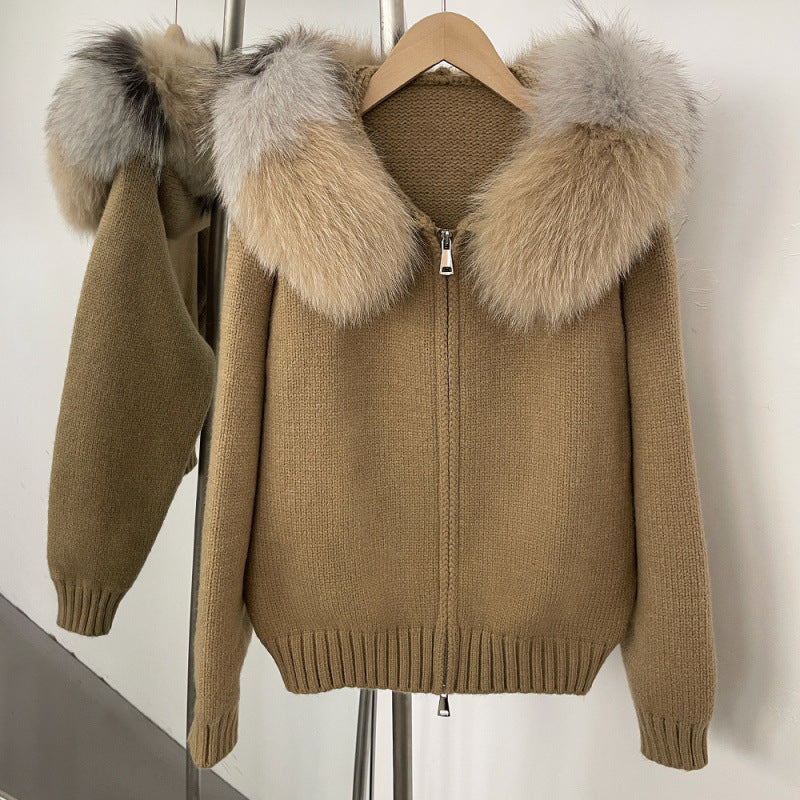 Spring Coat Women's Zipper Real Fox Fur Collar Hooded
