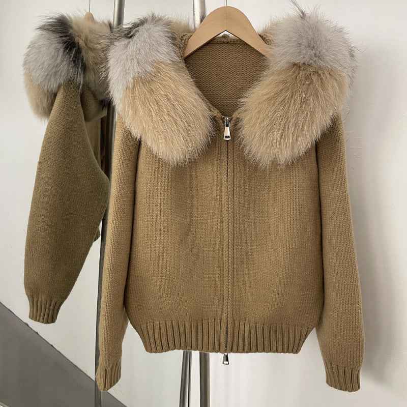 Spring Coat Women's Zipper Real Fox Fur Collar Hooded