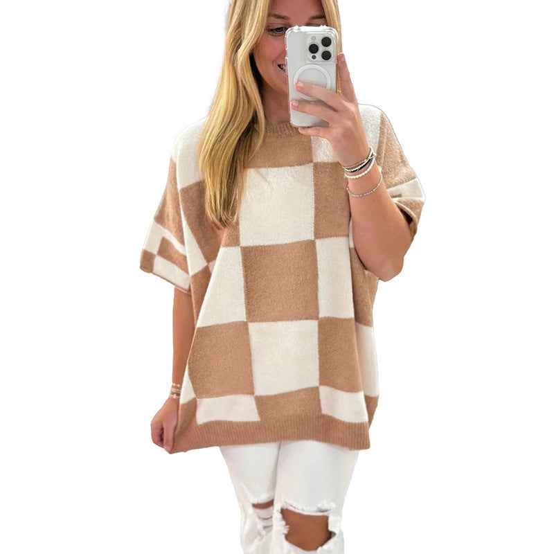Women's European American Simple Versatile Pullover Round Neck Half Sleeve Sweater