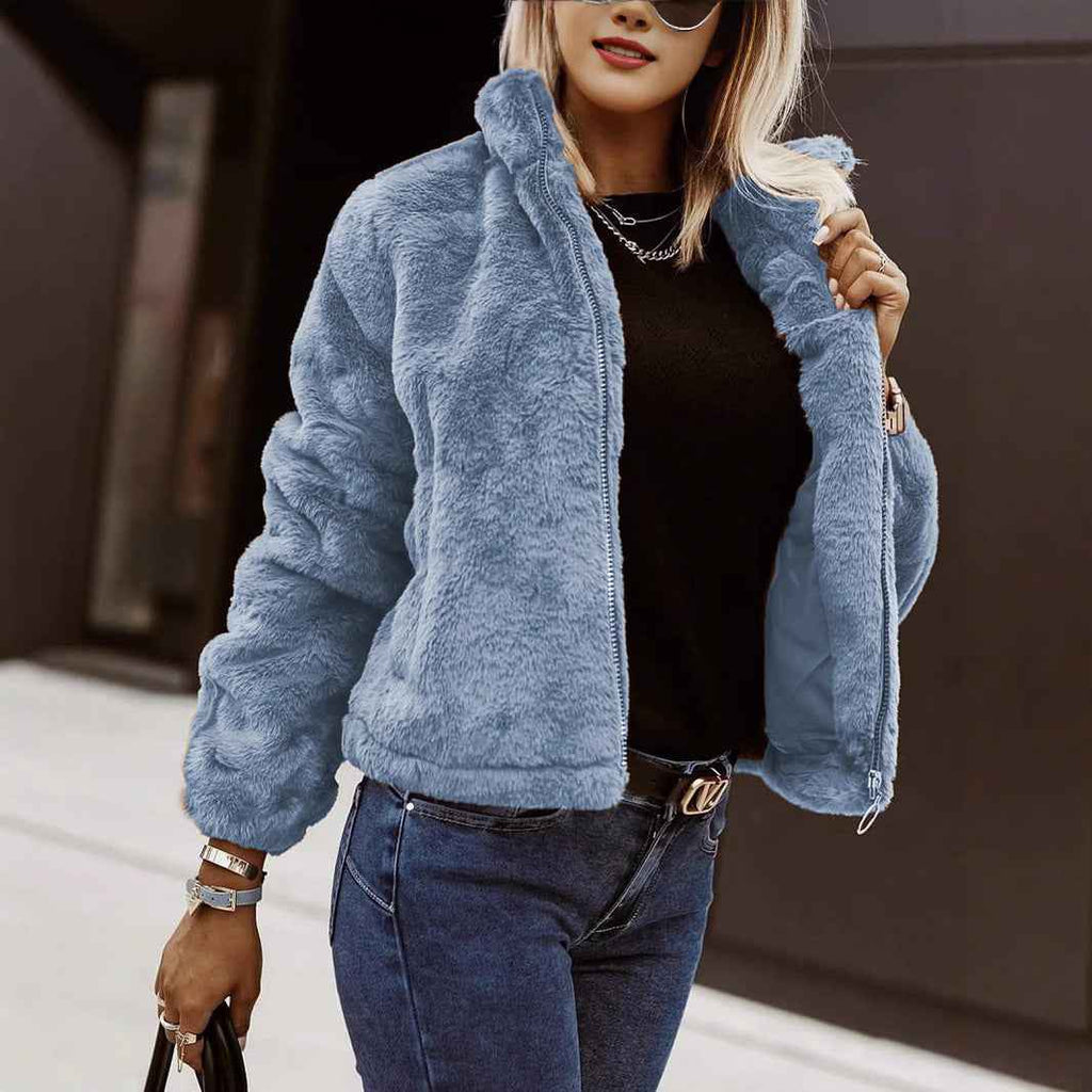 Summer Rabbit Fur Faux Leather Zipper Cardigan Plush Warm Coat