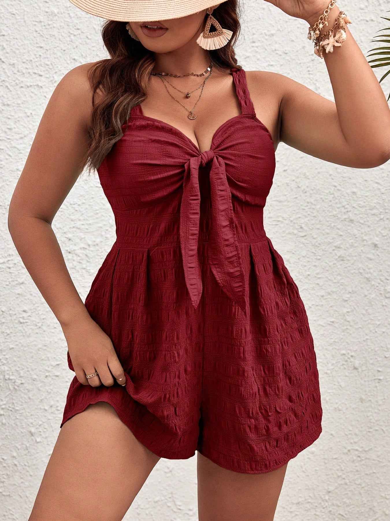 Plus Size Women's Summer Solid Color Front Knot Casual Tank Top Romper