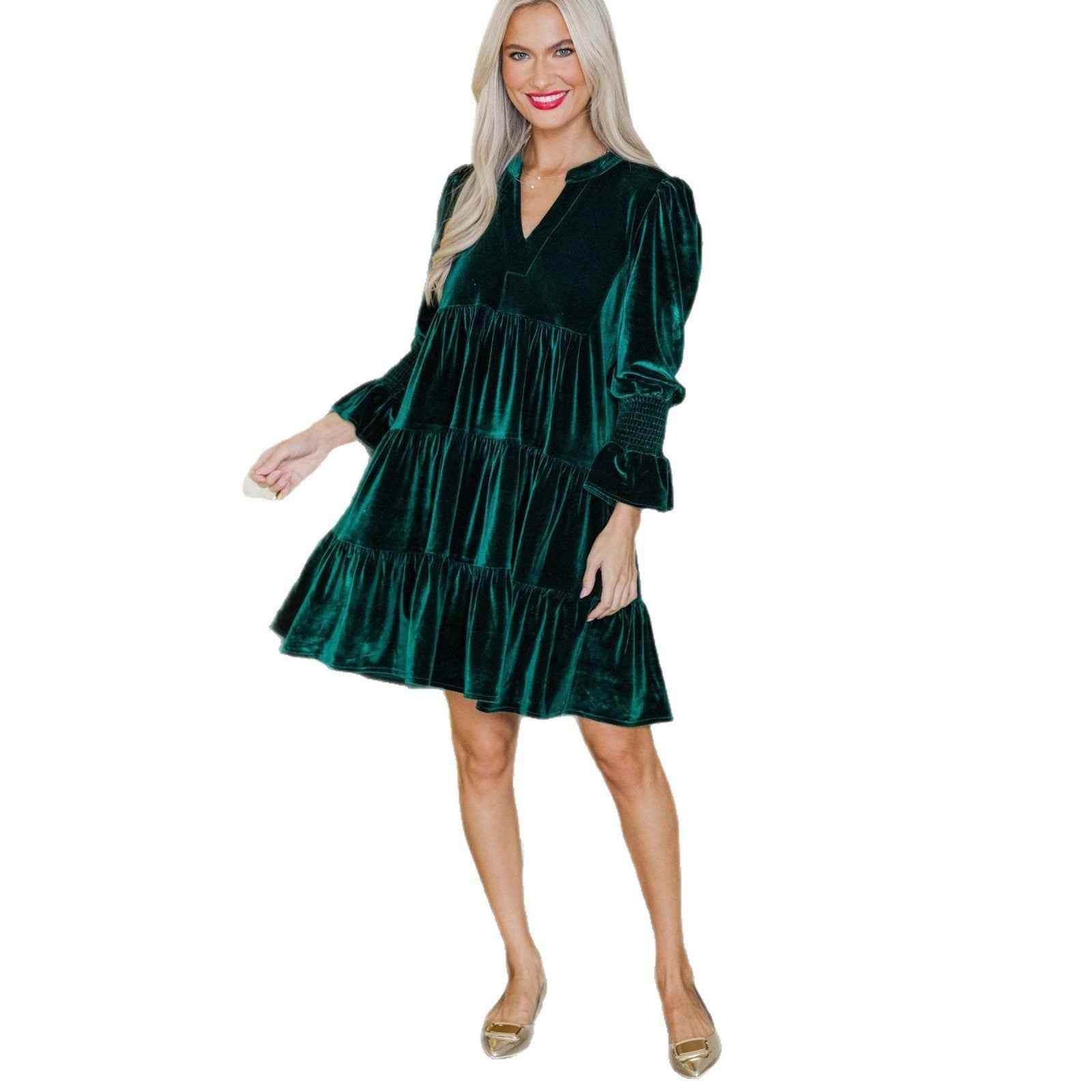 Long Sleeve Christmas Skirt Velvet Cake Dresses With Puffy Sleeves And V-Neck Mini Skirt Elegant Short Dress For Women New Year Party Clothing
