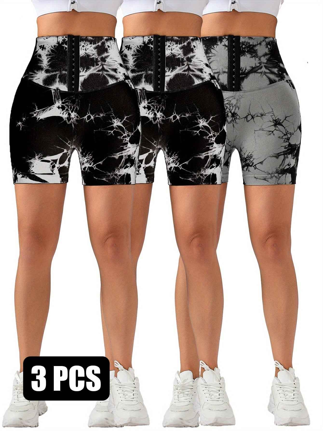 3er Pack Nahtlose Tummy Control Leggings mit 3-REIHEN-HAKEN – Body Shape Slim Scrunch Butt Lift Fitness Shorts