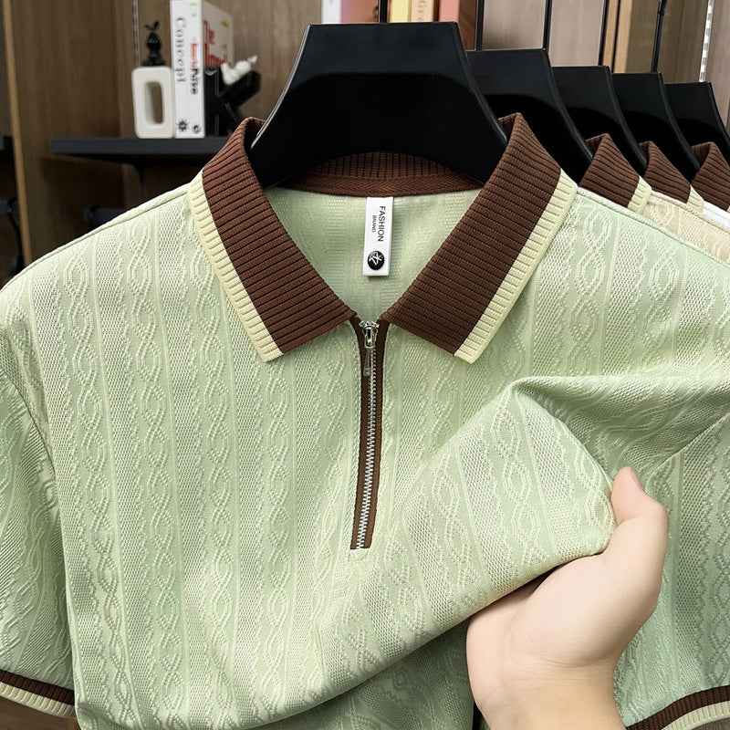 Fashionable Zippered Lapel Short-Sleeve Polo Shirt