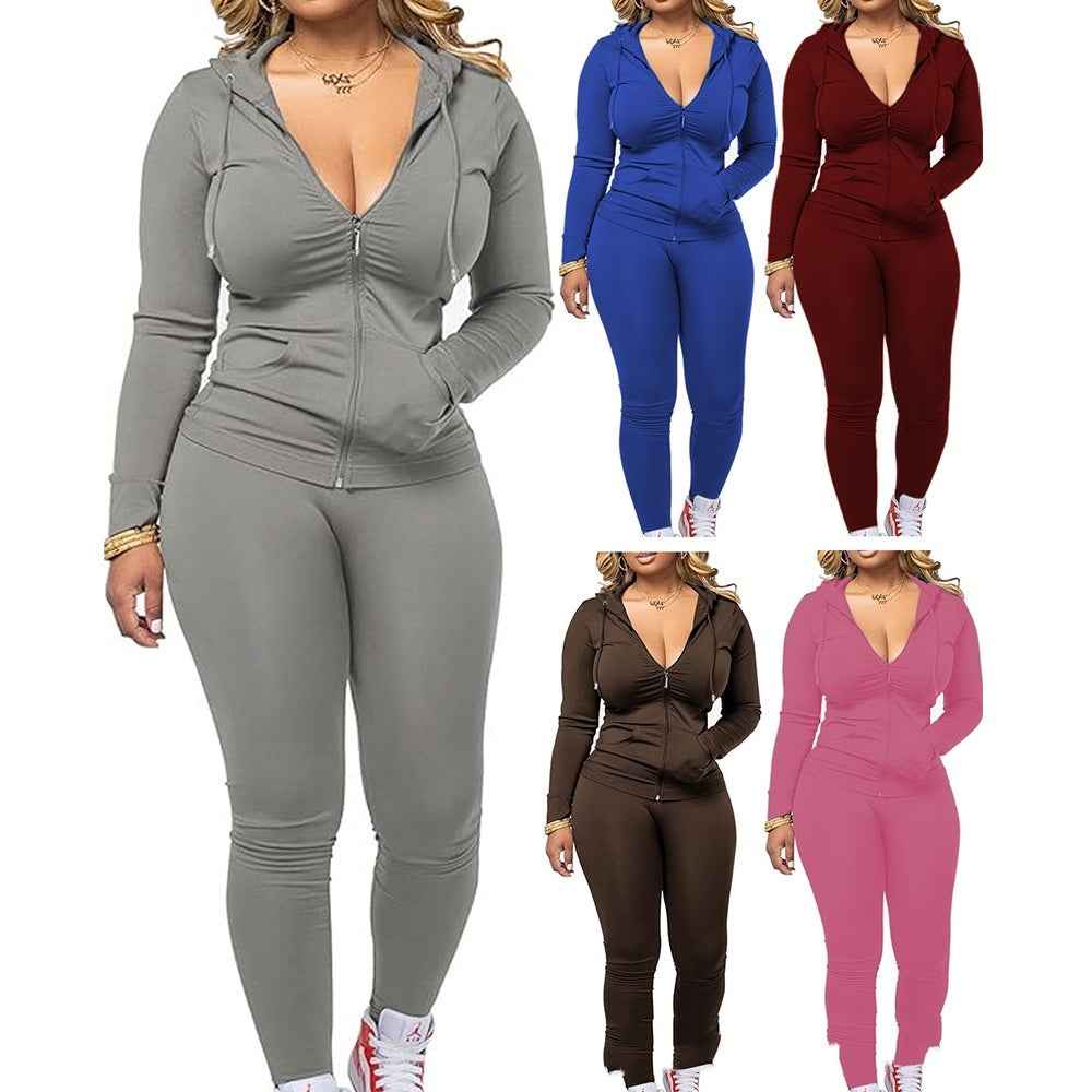 Women's Casual Sexy Long-sleeved Zipper Hoodie Two-piece Set Sports Suit