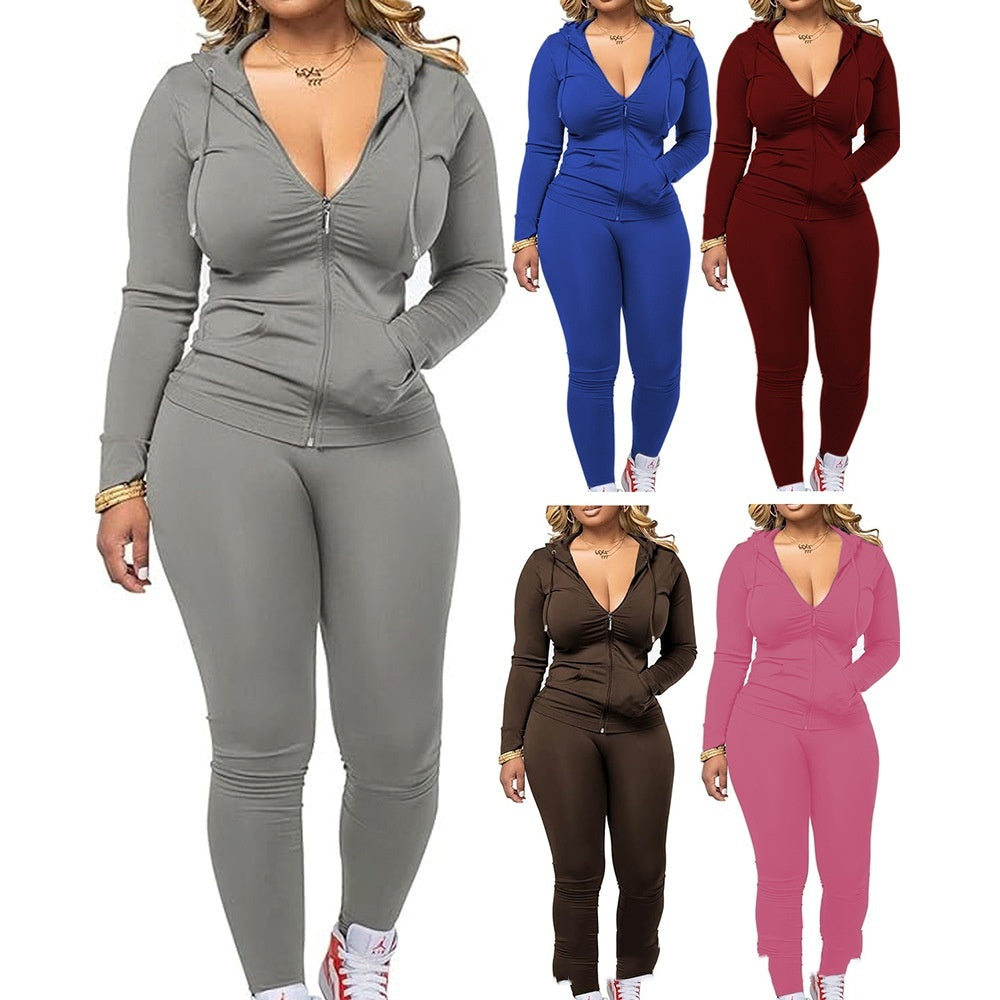 Women's Casual Sexy Long-sleeved Zipper Hoodie Two-piece Set Sports Suit
