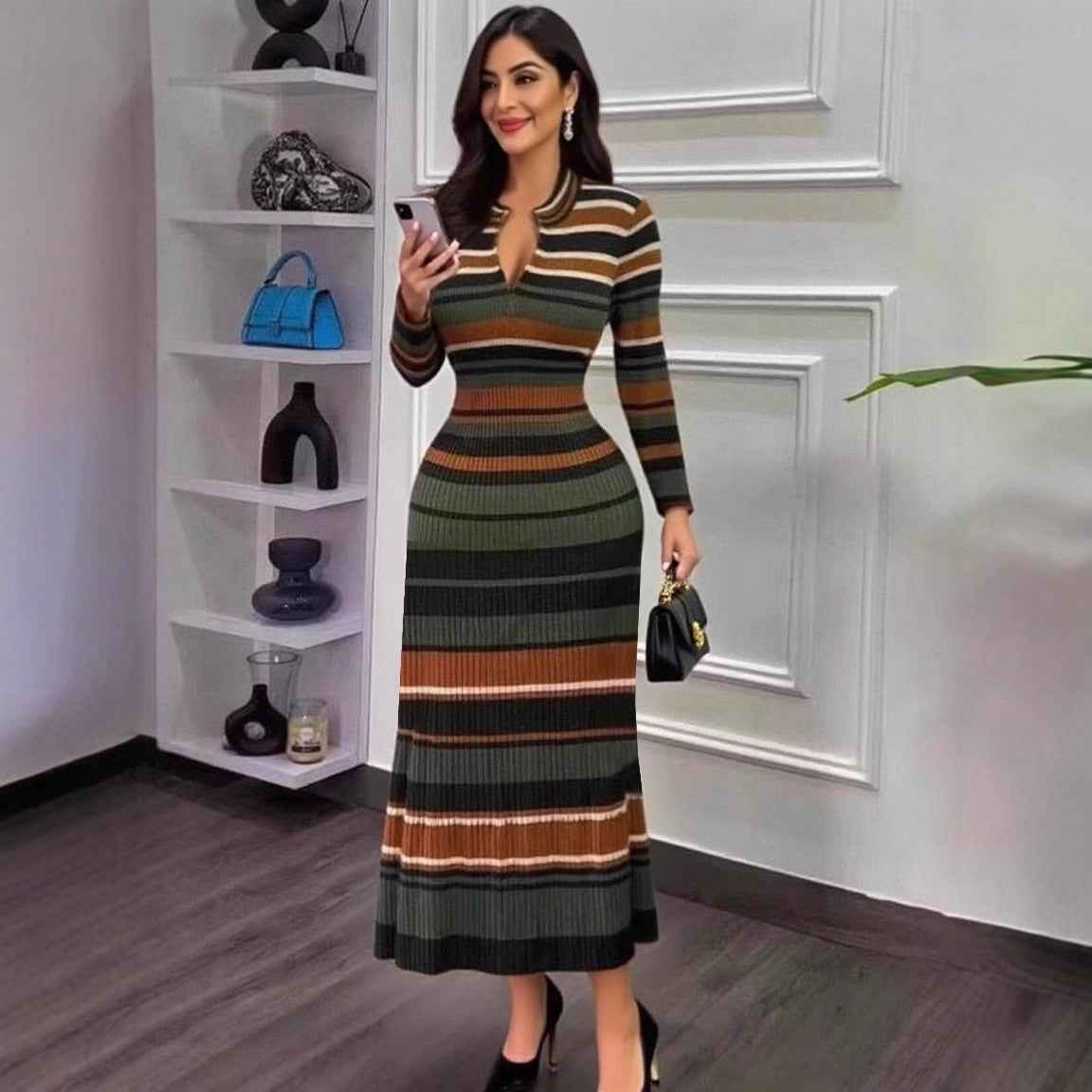 Korean Style Contrast Color Straight Plus Size Knitted Dress