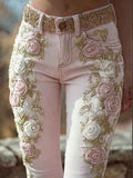 Damen Vintage Jeans mit Rosenstickerei - Elegante rosa kreative Kunst-Jeans