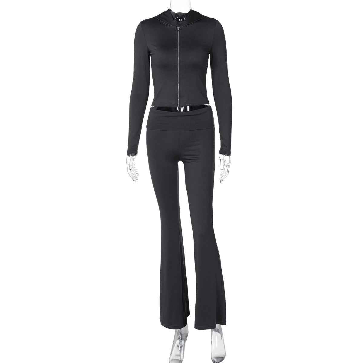 Damen Sets mit Langarm-Hoodie und Flared Pants - Kapuzenoberteil mit Reißverschluss und passender Hose